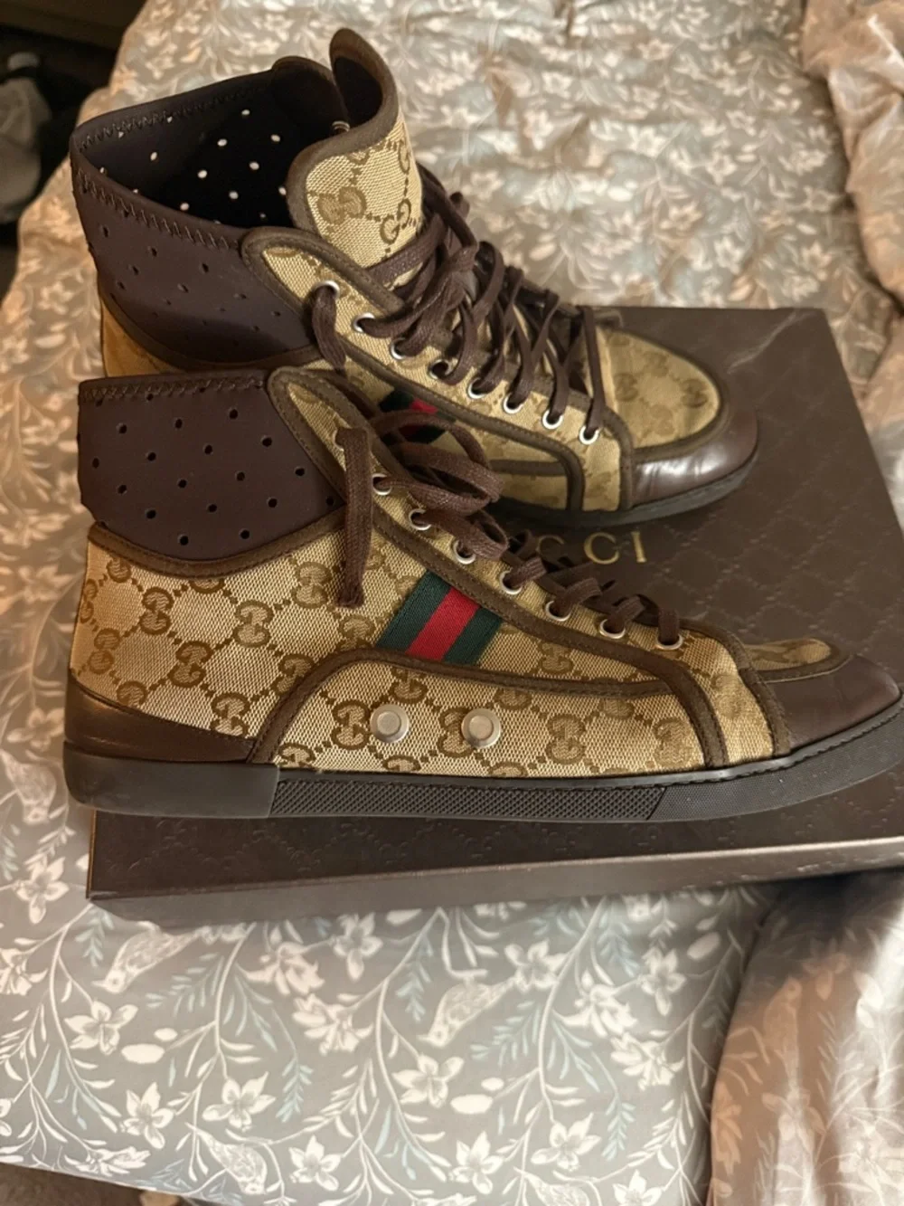 Gucci Brown GG Canvas High-Top Sneakers with Leather Trim - Picture 4 of 6